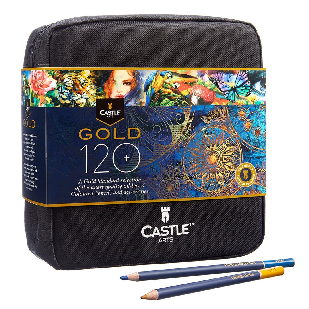 Set di matite colorate <tc>Castle Gold</tc> da 120 pezzi in astuccio con cerniera